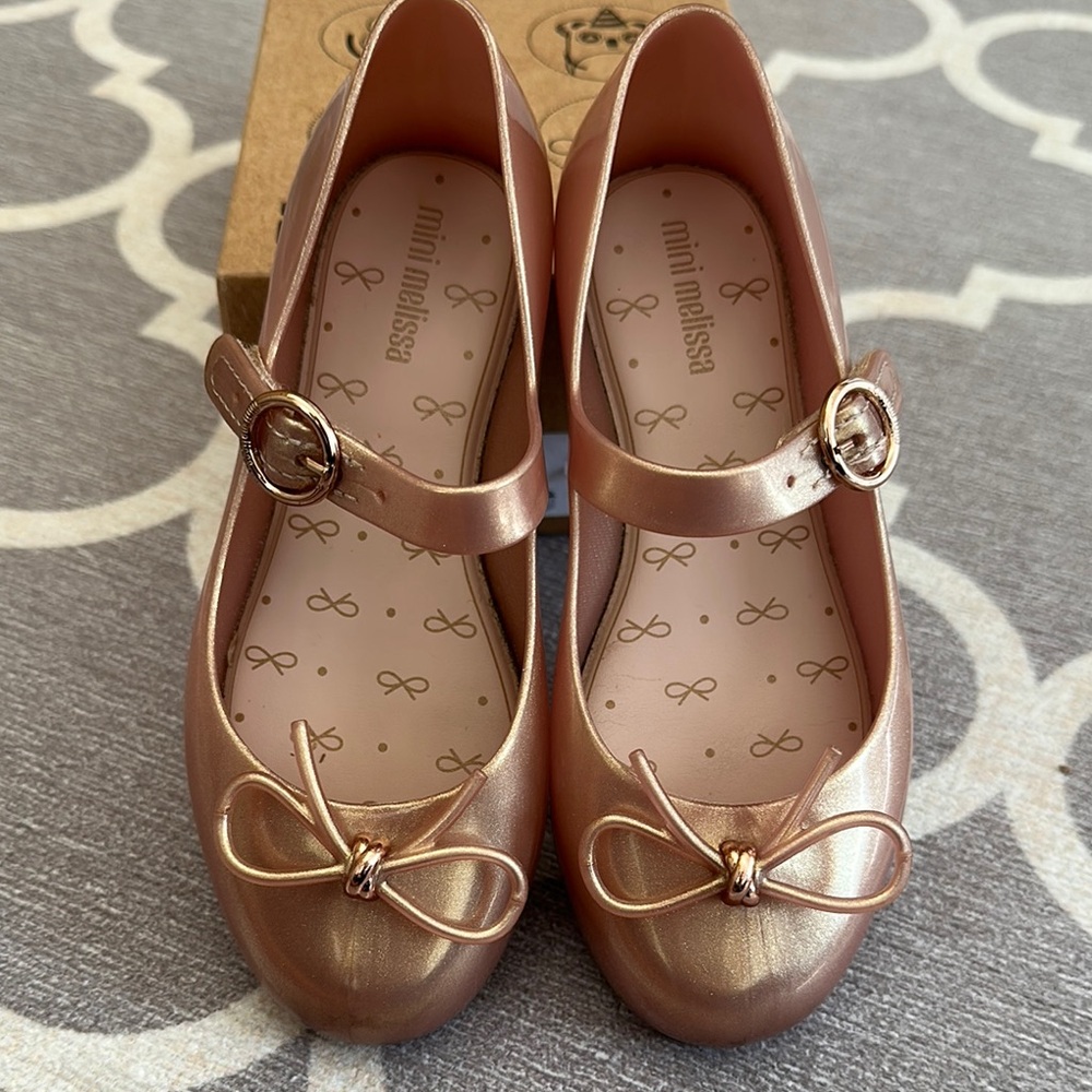 Mini Melissa Girls Metallic Rose Gold Bow Mary Janes